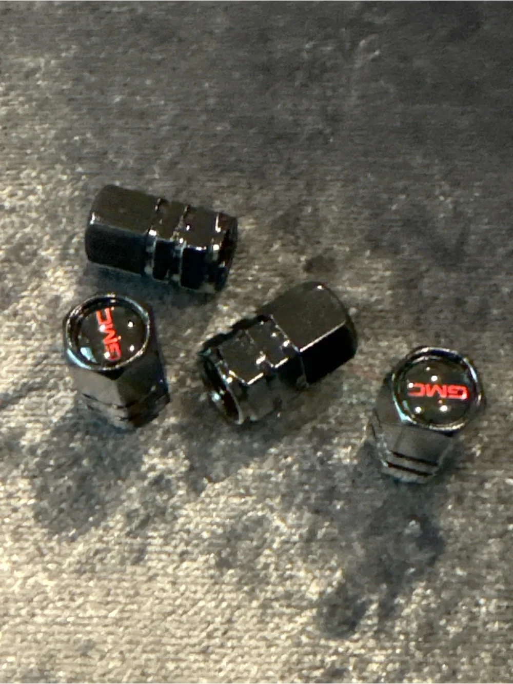 GMC Black Leather Keychain with Red Logo and Tire Valve Caps